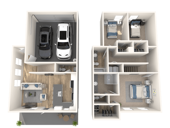 a rendering of the interior of a 3d floor plan with a car and a