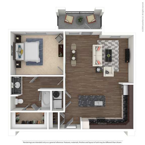 A floor plan of a small apartment with a kitchen, living room, and bathroom.
