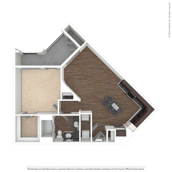A 3D rendering of a house layout with a kitchen, living room, and bathroom.
