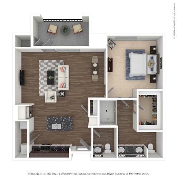 A 3D rendered image of a modern apartment layout.