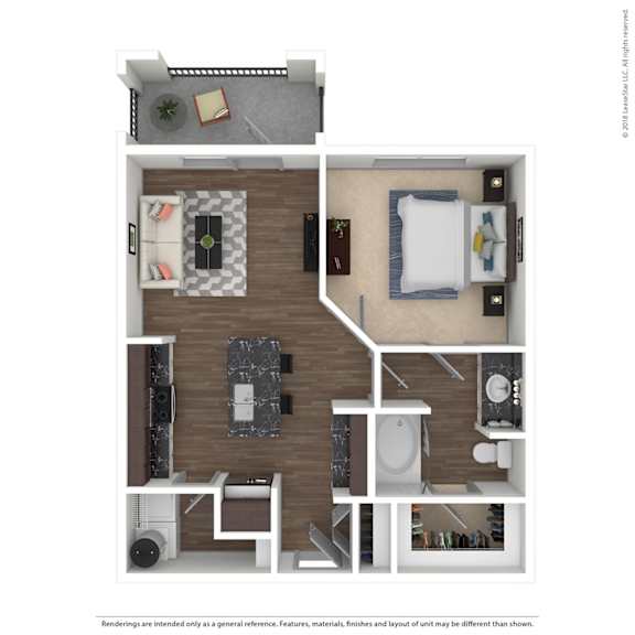A floor plan of a small apartment with a bedroom, living room, and bathroom.