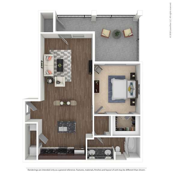 A 3D floor plan of a small apartment with a kitchen, living room, and bathroom.