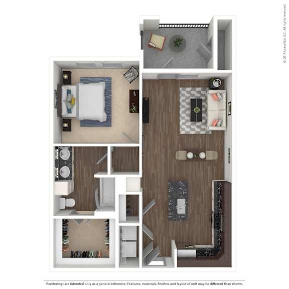 A floor plan of a small apartment with a kitchen, living room, and bedroom.