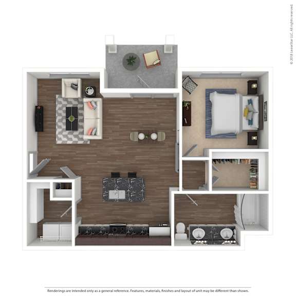 A top-down view of a room with a bed, a couch, a desk, and a chair.