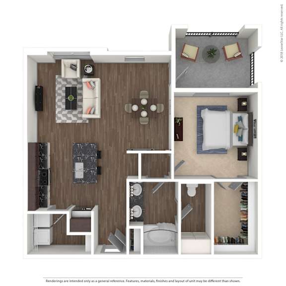 A 3D floor plan of a small apartment with a kitchen, living room, and bedroom.