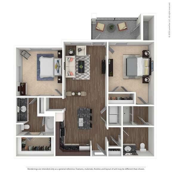 A 3D floor plan of a small apartment with a kitchen, living room, and bedroom.