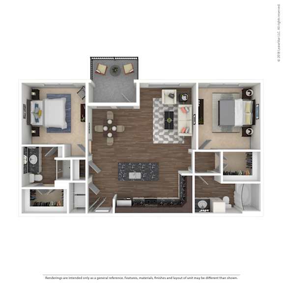 A floor plan of a small apartment with a kitchen, living room, and two bedrooms.