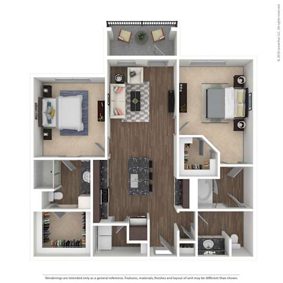 A floor plan of a small apartment with a kitchen, living room, and two bedrooms.