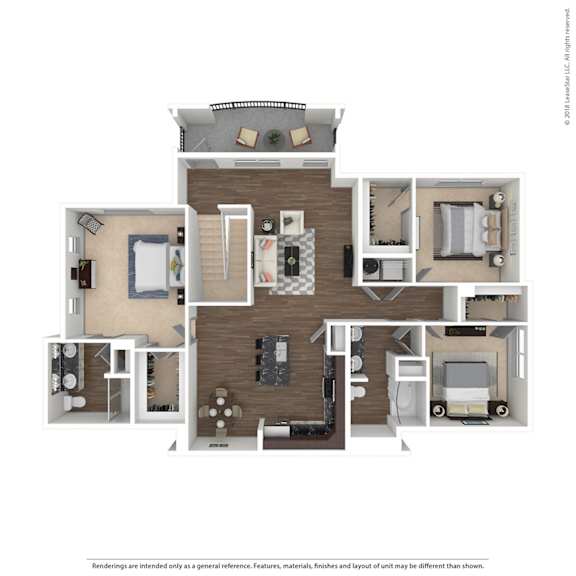 A floor plan of a two-story apartment with a living room, kitchen, dining room, and bedrooms.