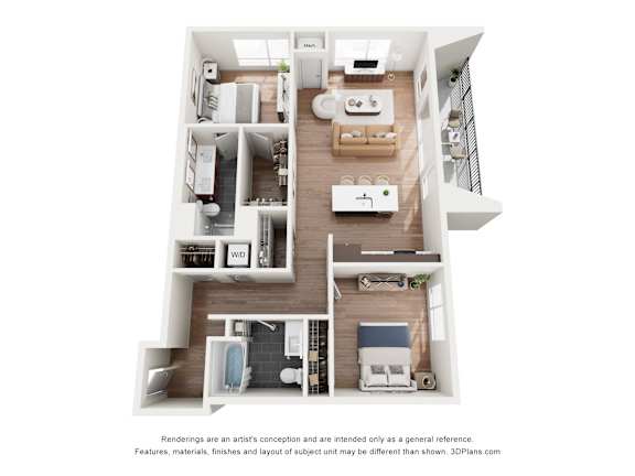 A 3D floor plan of a small apartment with a kitchen, living room, and two bedrooms.