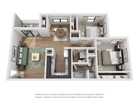 A floor plan of a house with a kitchen, living room, and bedrooms.