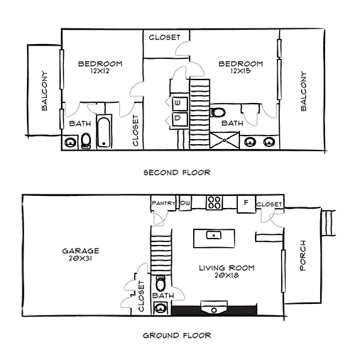A floor plan of a two-story house with two bedrooms and a garage.