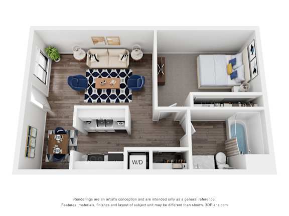 A floor plan of a small apartment with a living room, kitchen, and bathroom.
