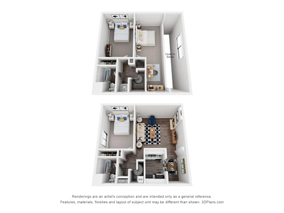 A 3D floor plan of a small apartment with two bedrooms and a living room.