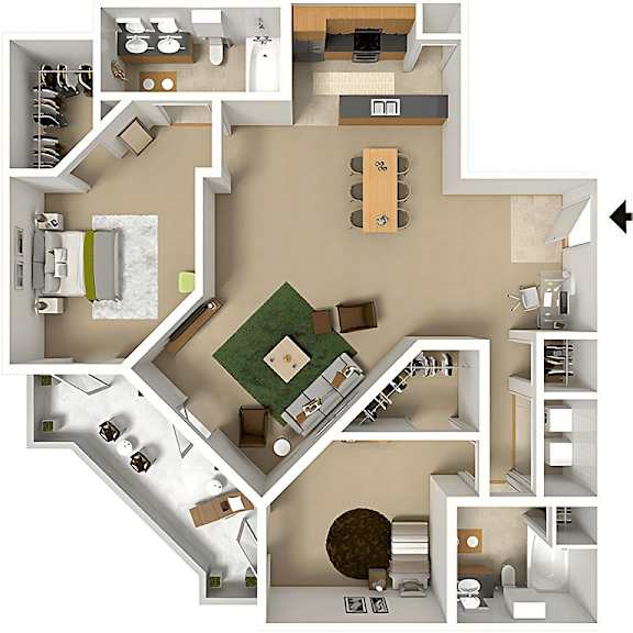 A 3D floor plan of a house with a green lawn and a brown roof.