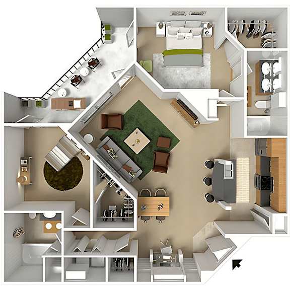 A top-down view of a house layout with a living room, kitchen, dining area, and bedrooms.
