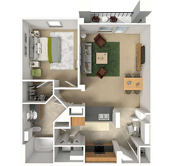 A 3D floor plan of a house with a kitchen, living room, and bedrooms.
