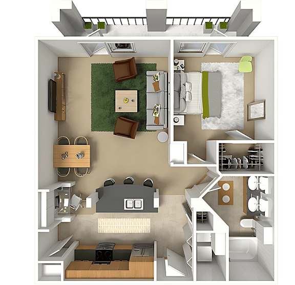 A top-down view of a small apartment with a kitchen, living room, and bedroom.