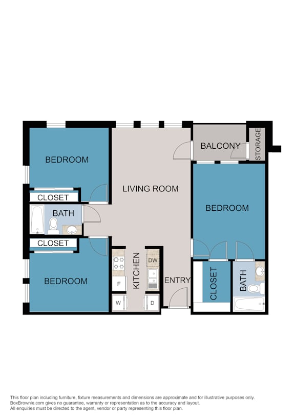 A floor plan of a living space with two bedrooms, a bath, a kitchen, and a balcony.