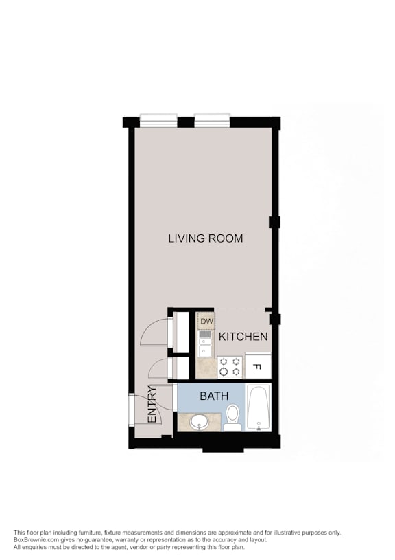 A floor plan of a living room, kitchen, and bathroom.