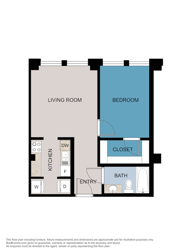 A floor plan of a small apartment with a living room, bedroom, kitchen, and bathroom.
