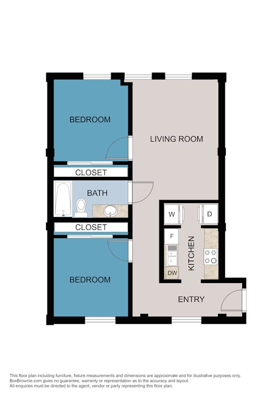 A floor plan of a house with a living room, two bedrooms, a bathroom, a kitchen, and an entry.