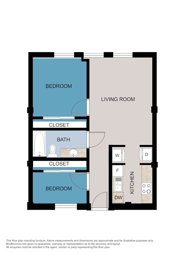 A floor plan of a room with a bedroom, living room, bathroom, and kitchen.