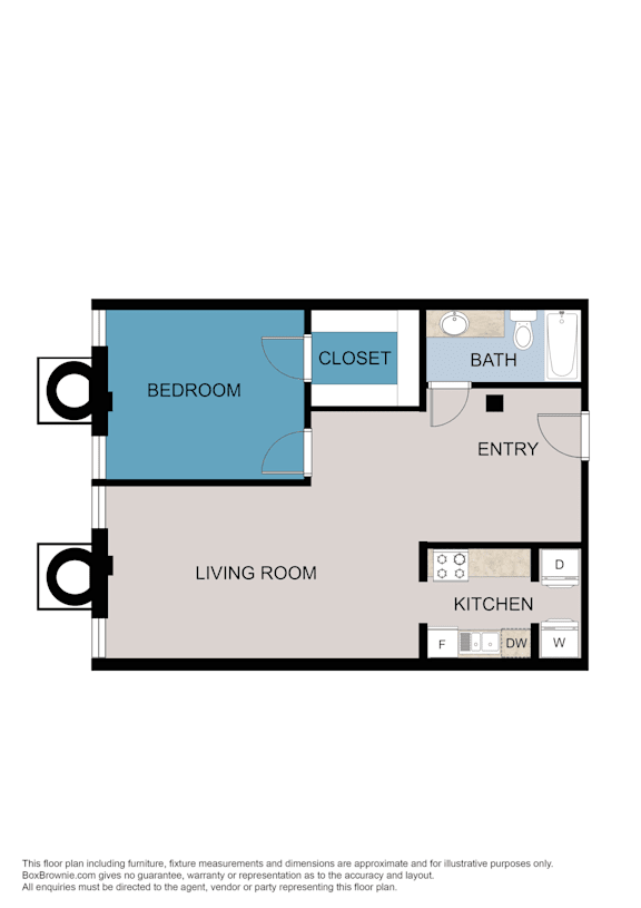 A floor plan of a room with a bed, bath, and kitchen.