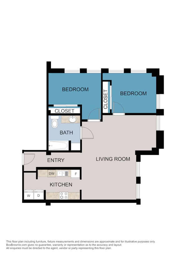 A floor plan of a house with two bedrooms, a living room, a kitchen, and a bathroom.