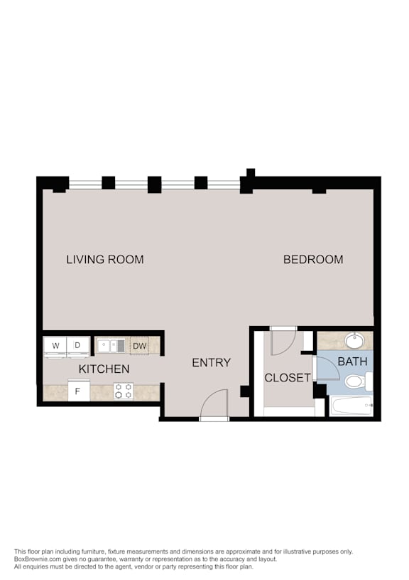 A floor plan of a small apartment with a living room, kitchen, entry, bath, and bedroom.