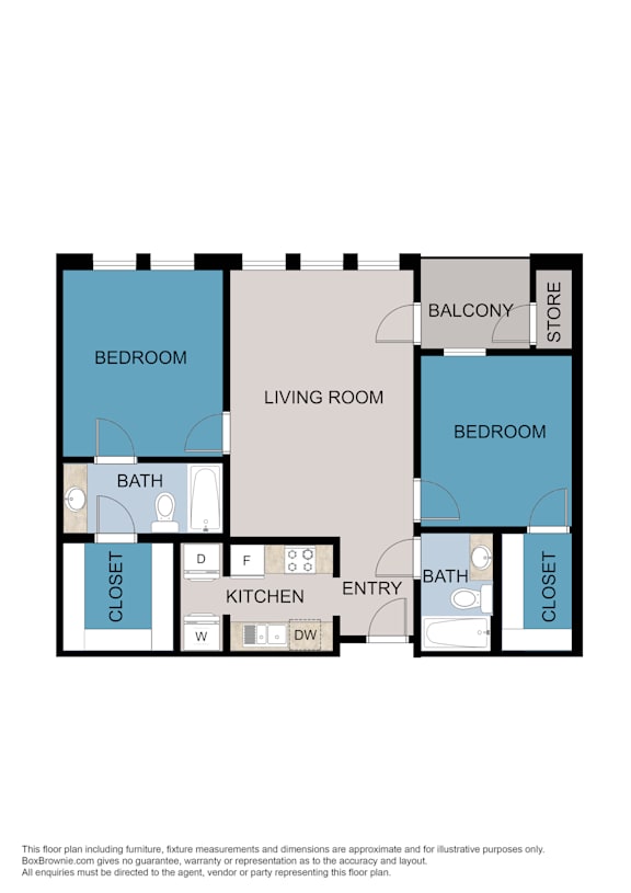 A floor plan of a house with two bedrooms, a living room, a kitchen, a bathroom, a balcony, and a store.