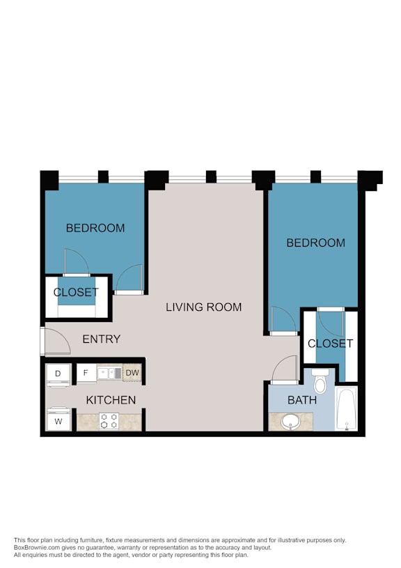 A floor plan of a living room with a kitchen and two bedrooms.