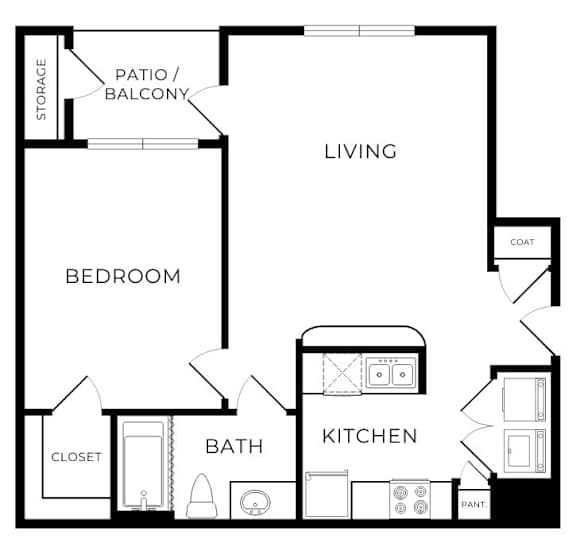 A black and white image of a floor plan for a house with a living room, kitchen, bedroom, bathroom, and closet.