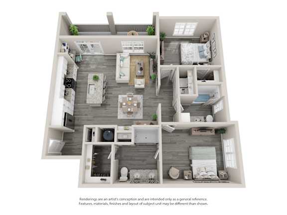 A 3D floor plan of a house with a kitchen, living room, and bedrooms.