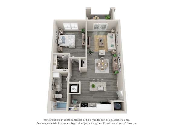 A 3D floor plan of a small apartment with a kitchen, living room, and bedroom.