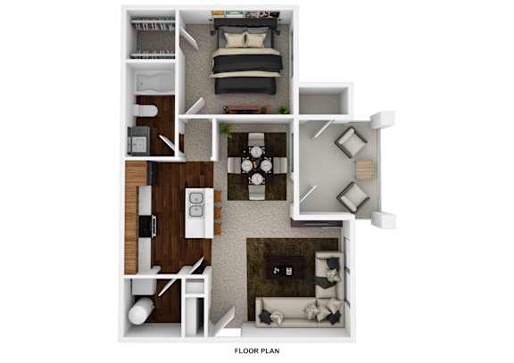 A floor plan of a small apartment with a kitchen, living room, and bedroom.