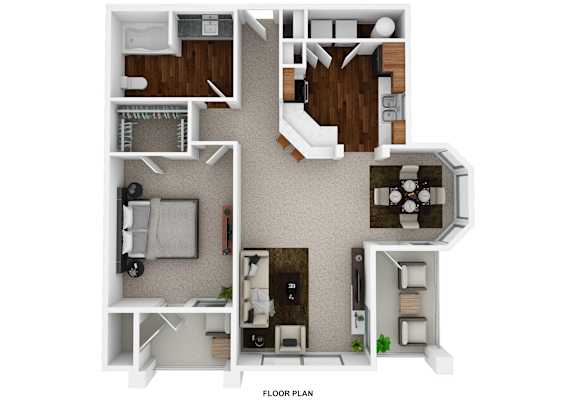 A floor plan of a house with a kitchen, living room, and two bedrooms.