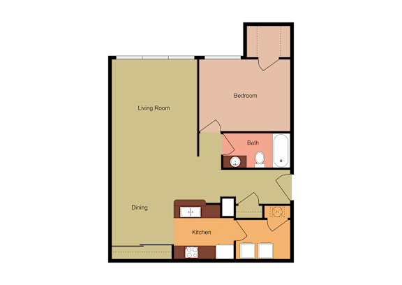 A floor plan of a house with a living room, dining area, kitchen, and bedrooms.