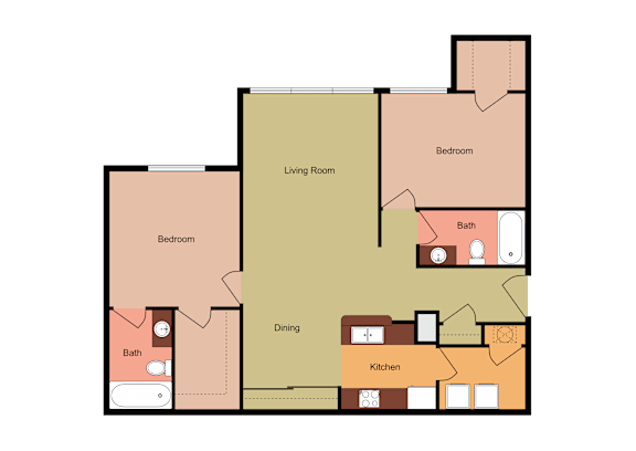 A floor plan of a house with a living room, two bedrooms, a dining area, a kitchen, and two bathrooms.
