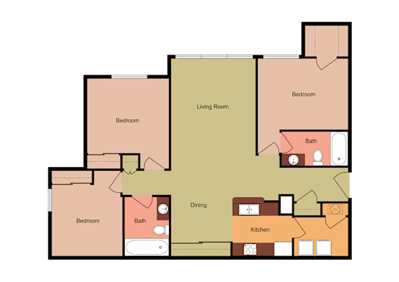 A floor plan of a house with a living room, two bedrooms, a kitchen, and a dining area.