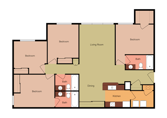 A floor plan of a house with labeled rooms such as Bedroom, Living Room, Dining, and Kitchen.