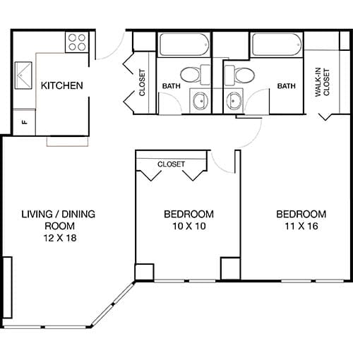 A 2D floor plan of an apartment with a living room, two bedrooms, a kitchen, and two bathrooms.