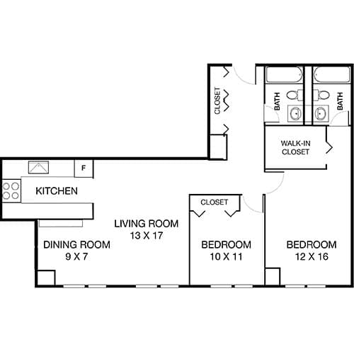A 2D floor plan of an apartment with a living room, two bedrooms, a kitchen, and two bathrooms.
