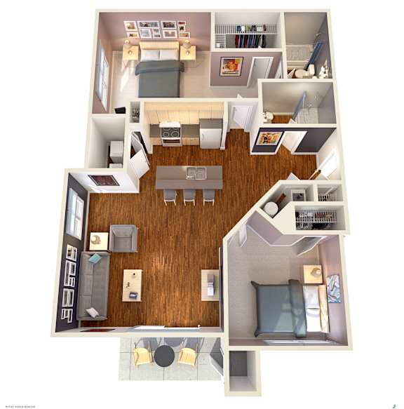 A top-down view of a small apartment with a kitchen, living room, and bedroom.