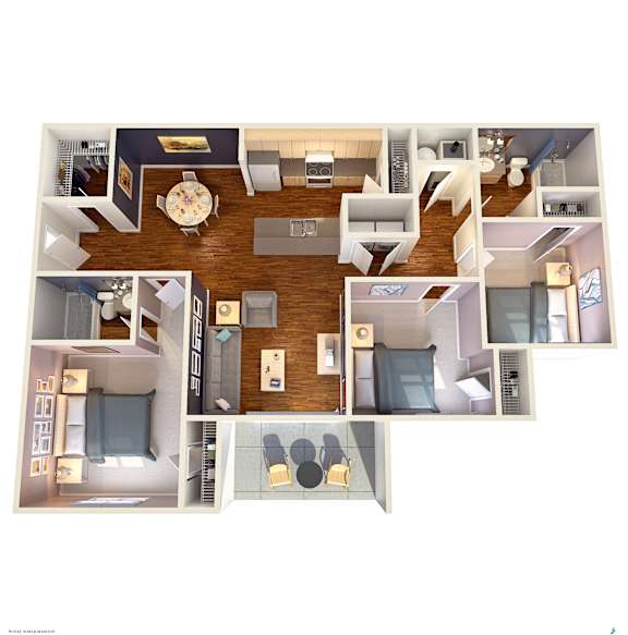 A 3D floor plan of a house showing the layout of the rooms.
