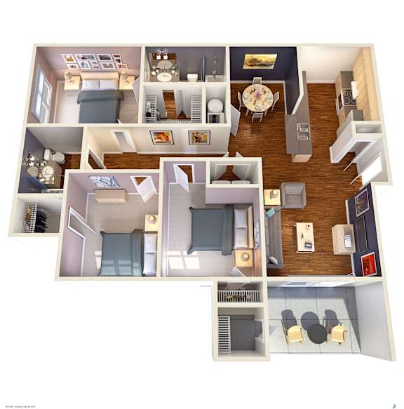 A 3D floor plan of a house showing all the rooms and their layouts.