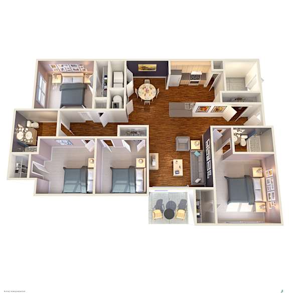 A 3D floor plan of a house with a kitchen, living room, and bedrooms.