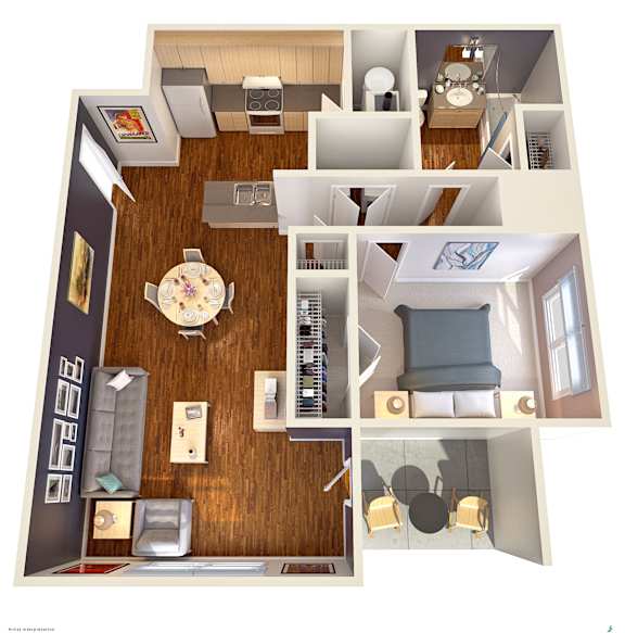 A top-down view of a house layout with a living room, dining room, kitchen, and bedrooms.