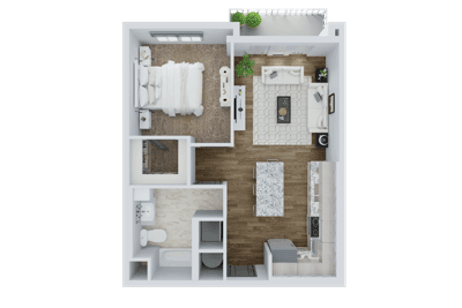 a bedroom floor plan with a bathroom and a living room