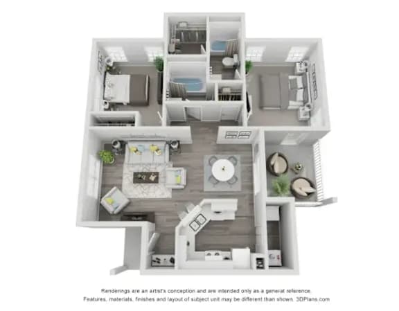 A 3D floor plan of a house with a kitchen, living room, and two bedrooms.